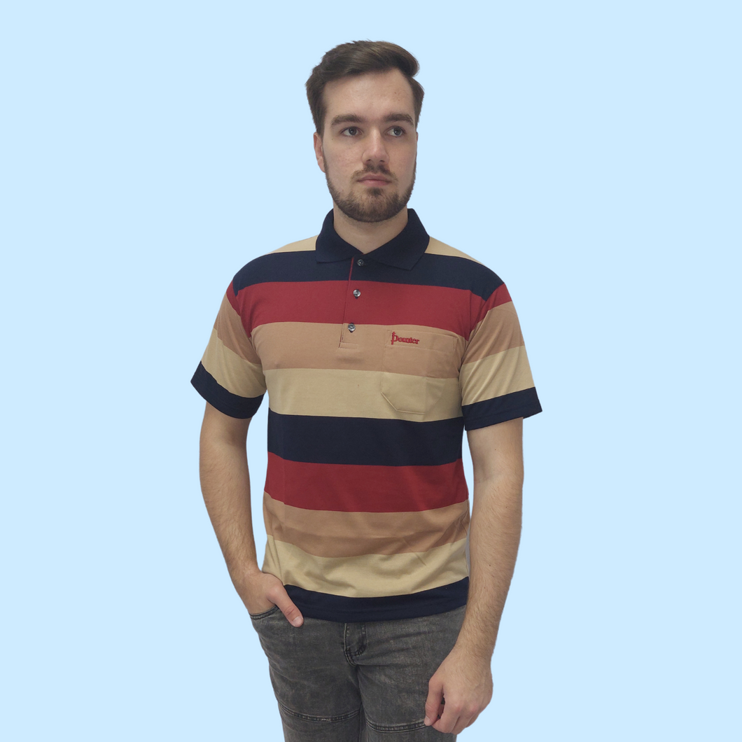 Maroon/Navy/Taupe/Stone - Rugby Stripe Short Sleeve Golfer